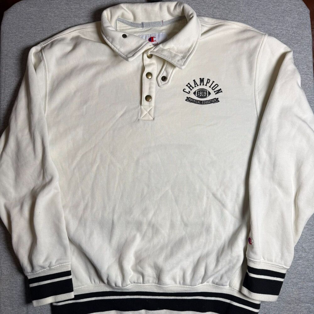 Vintage Champion Fleece Rugby Sweater pull over white mens Size small